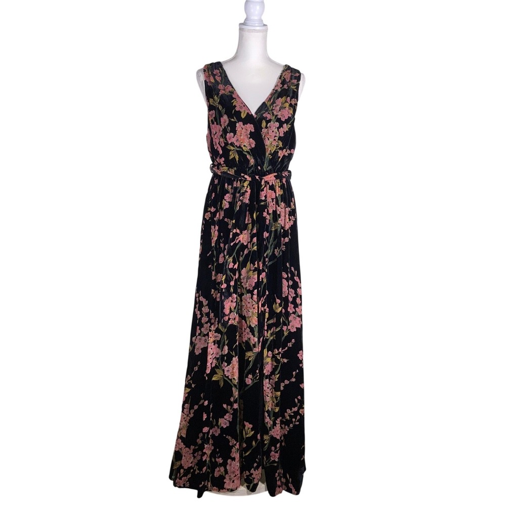 Baltic Born Maxi Dress Velvet Floral Black Pink Wrap V-Neck Formal Gown - XL